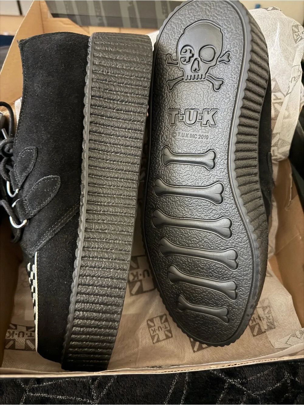 T.U.K Black Suede Creeper Shoes with White Stitching and Piping
